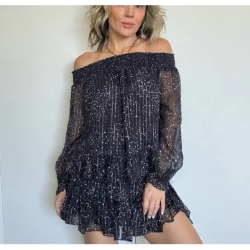 Size 2 Love Shack Fancy Silk Night Sky Off The Shoulder Top